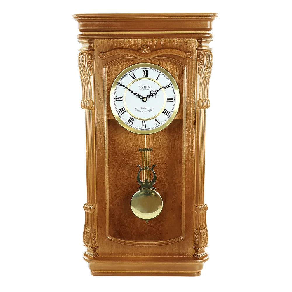Bedford 26” Golden Oak Wood Finish Wall Clock w Swinging Pendulum & 4 Chimes