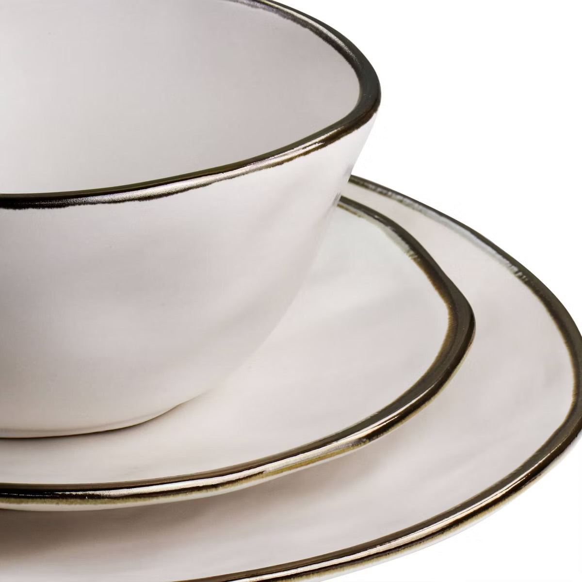 Elama Modern 16 pc Stoneware Dinnerware Set in Matte White w Gold Rim