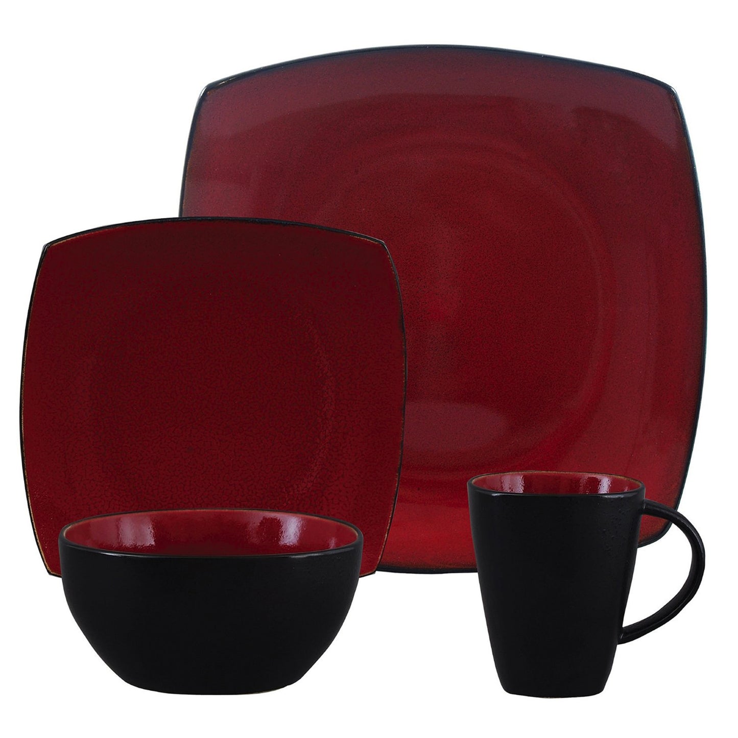 Gibson Soho Lounge 16 pc Square Stoneware Dinnerware Set in Red & Black