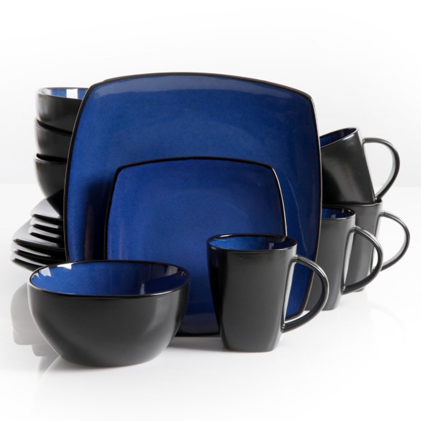 Gibson Soho Lounge 16 pc Square Stoneware Dinnerware Set in Blue & Black
