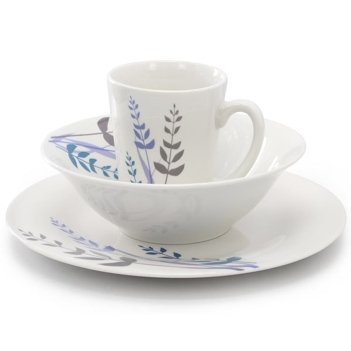 Gibson Blue Leaves 12 Piece Round White Ceramic Dinnerware Set for 4