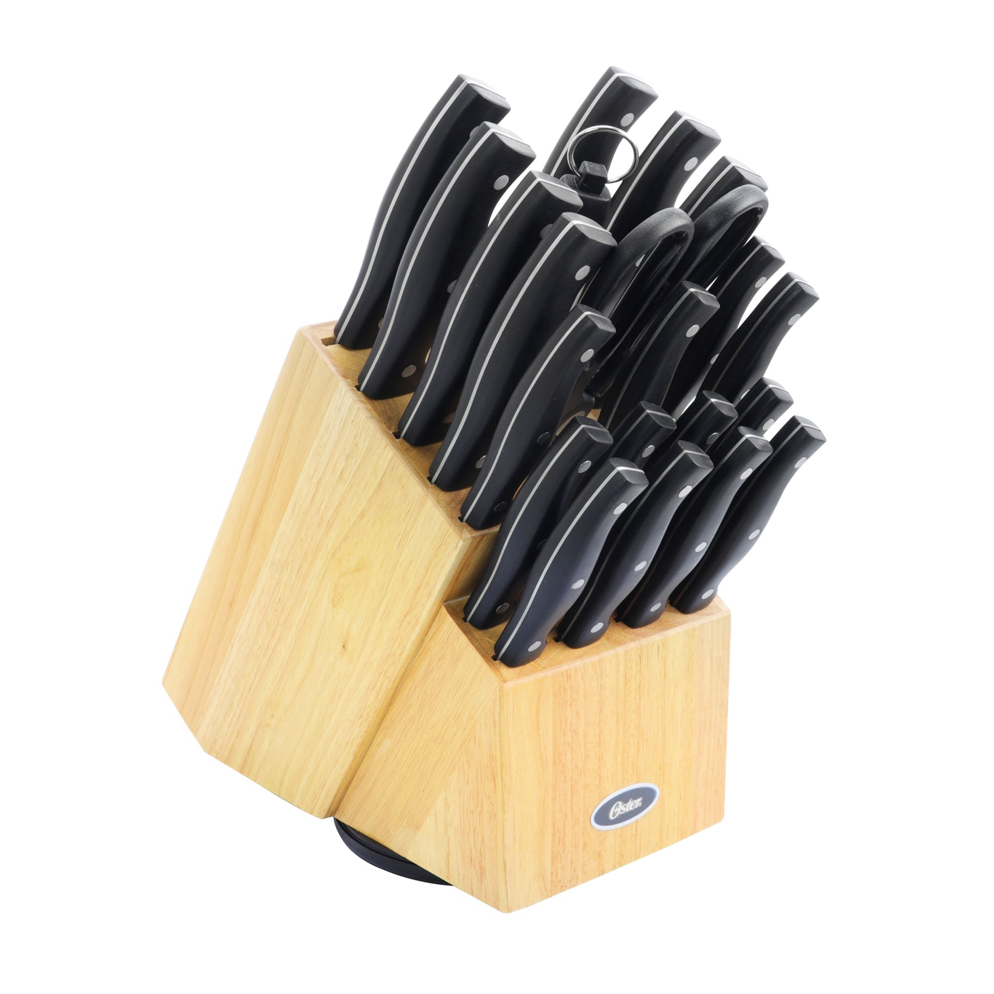 Oster Winstead 22 Piece Stainless Steel Cutlery Set w Black Handles & Wooden Bl