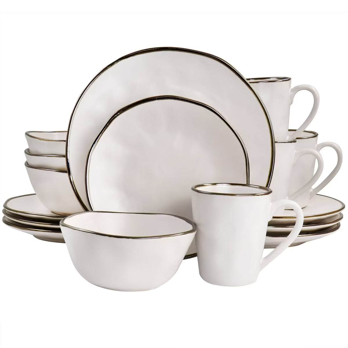 Elama Modern 16 pc Stoneware Dinnerware Set in Matte White w Gold Rim