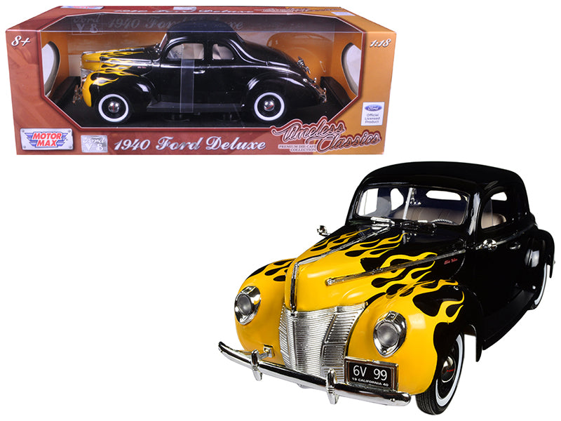 1940 Ford Deluxe Black w Yellow Flames Timeless Classics 1/18 Diecast Car Motor