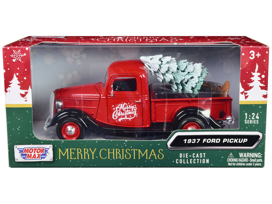 1937 Ford Pickup Truck Red Black Merry Christmas w Tree Accessory 1/24 Diecast