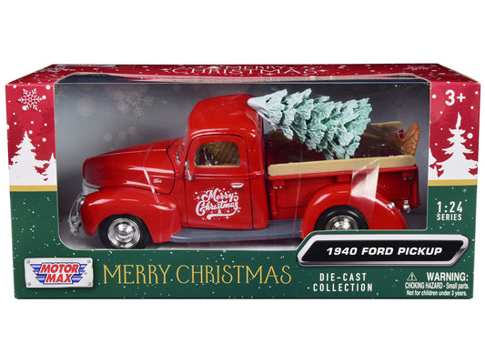 1940 Ford Pickup Truck Red Merry Christmas w Tree Accessory 1/24 Diecast Car Mo