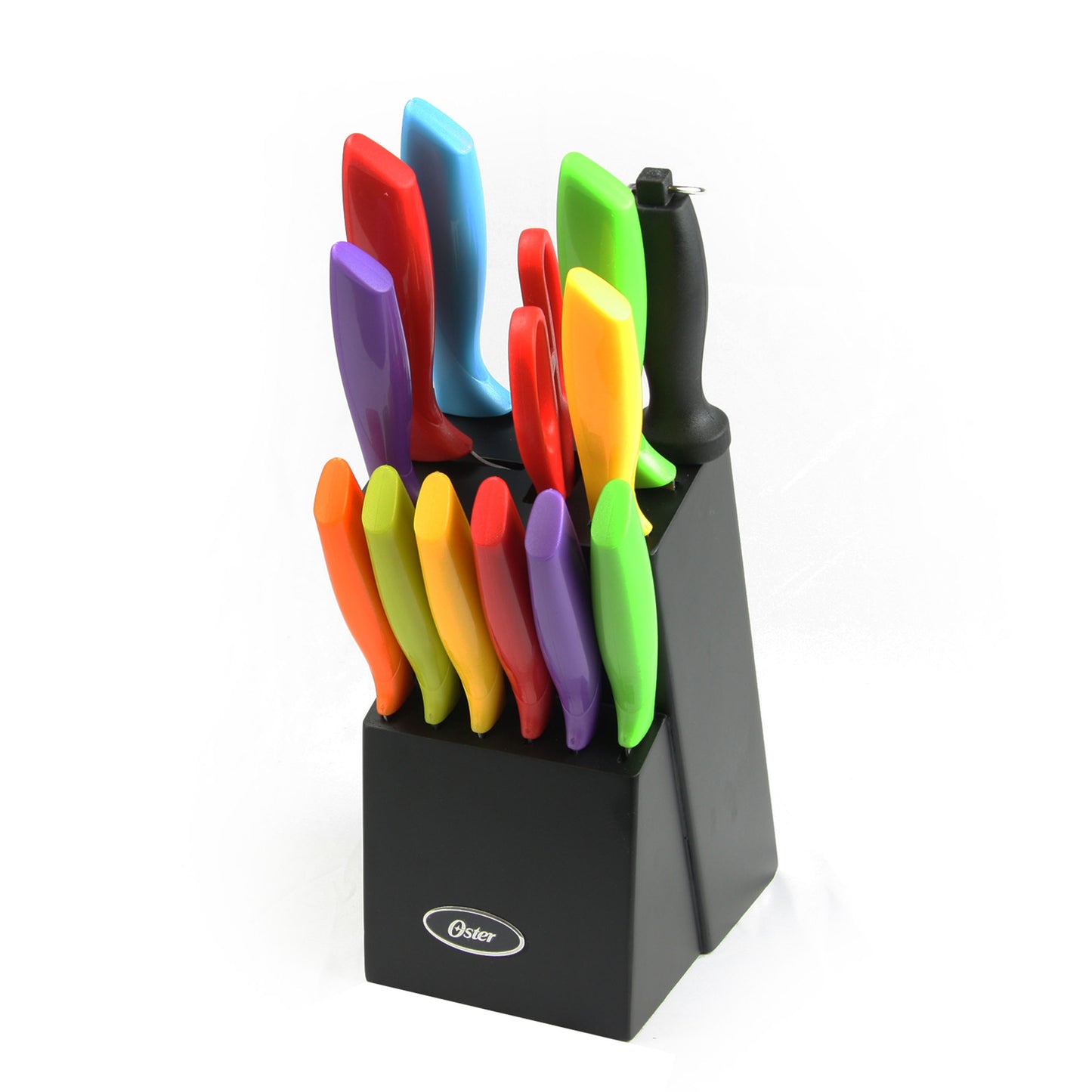 Oster 14 Piece Stainless Steel Assorted Color Cutlery Knife Set w Wood Storage