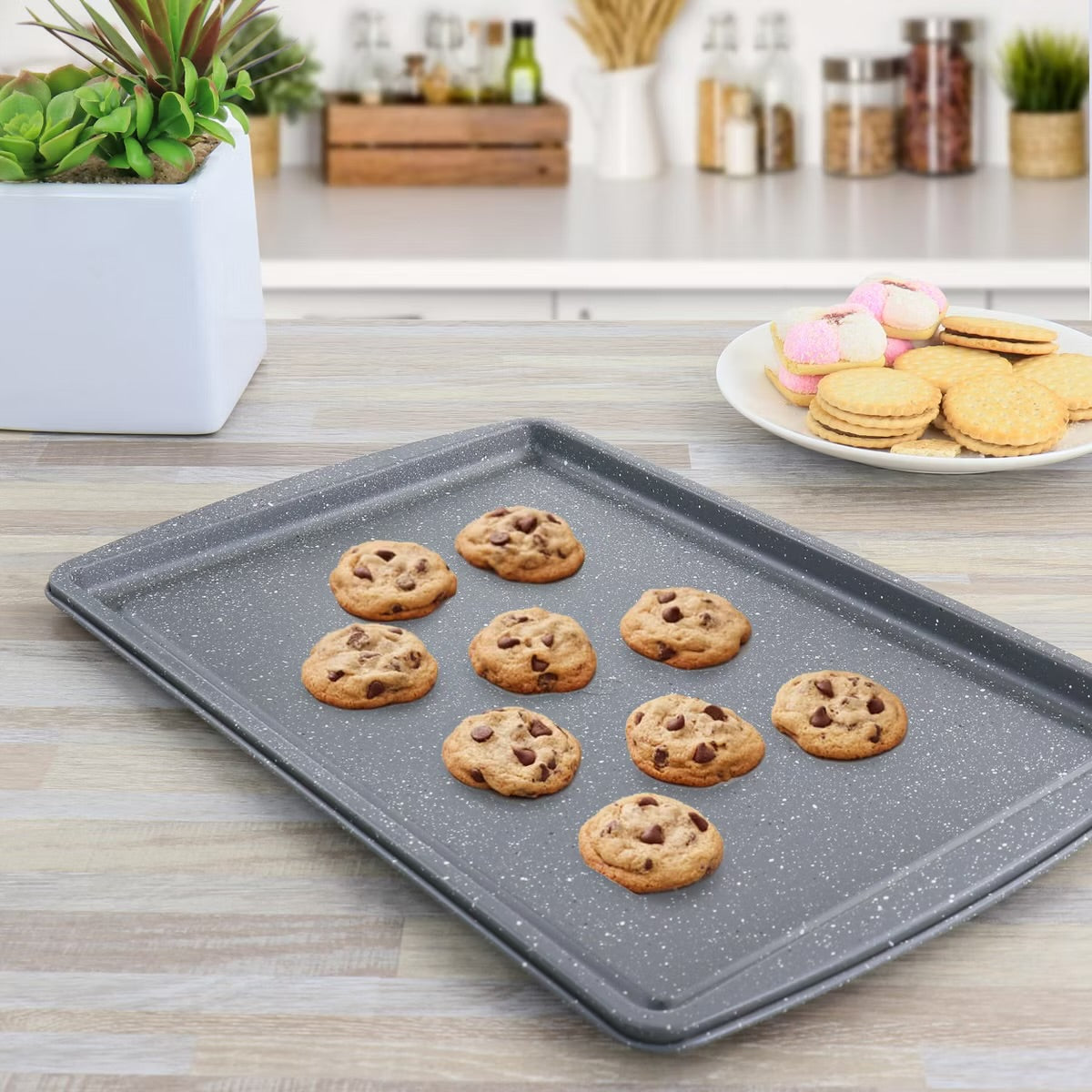 Oster 3 Piece Nonstick 13” 15” 17” Carbon Steel Cookie Sheet Set in Greystone