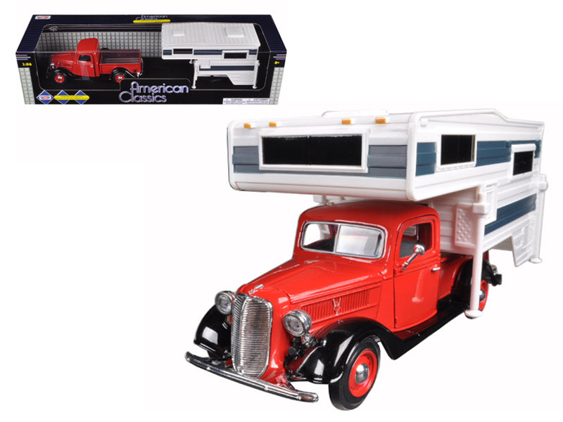 1937 Ford Pickup Truck w Camper Shell Red White 1/24 Diecast Car Motormax