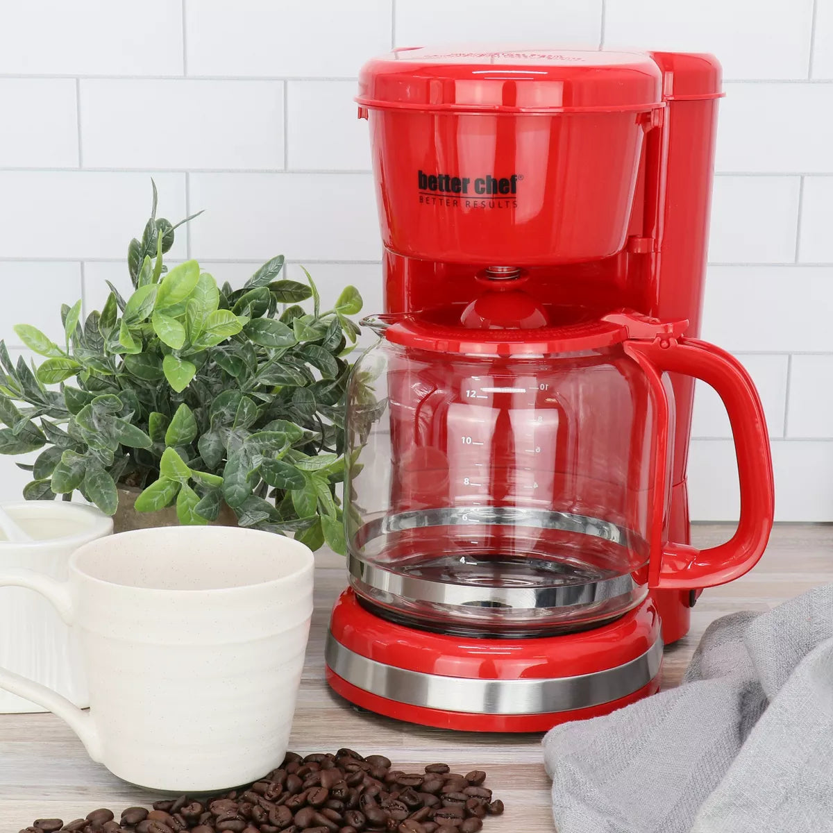 Better Chef Red 12 Cup 900W Coffee Maker w Glass Pot Keep Warm & Cord Storage