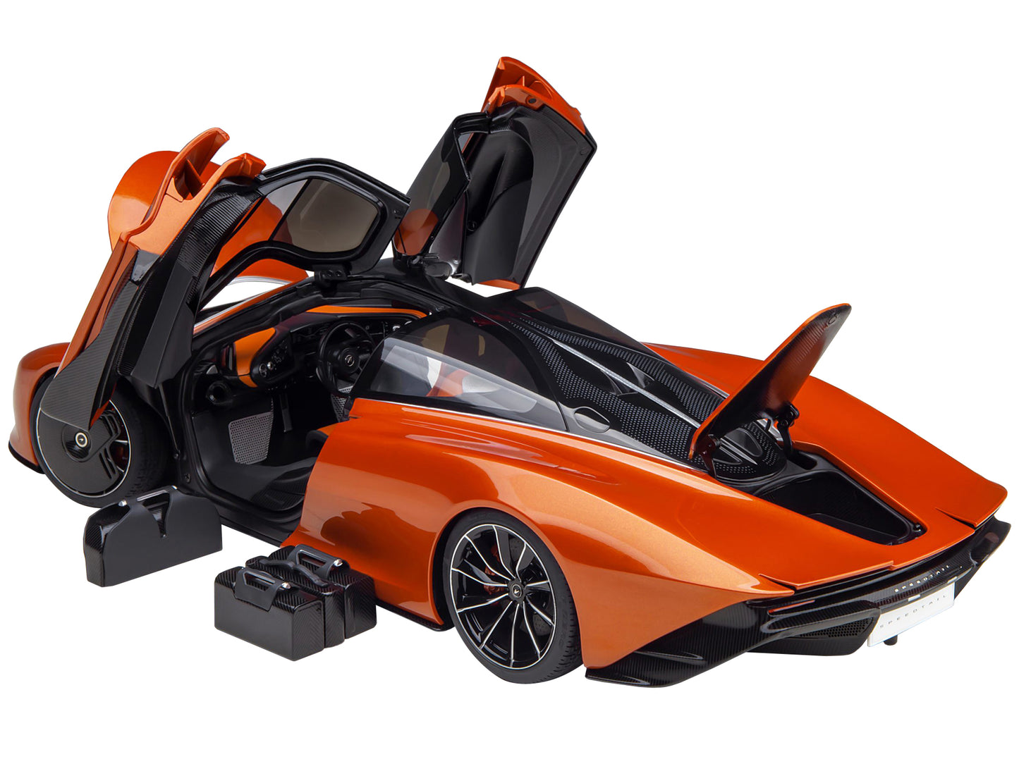McLaren Speedtail Volcano Orange Metallic w Black Top Suitcase Accessories 1/18