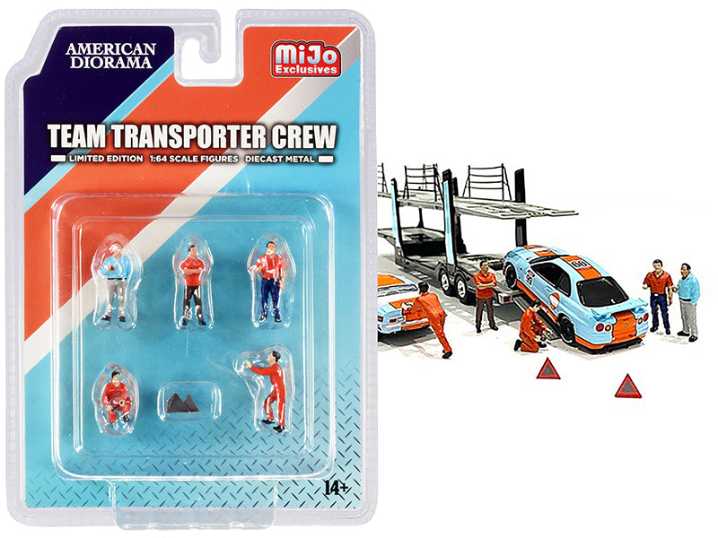 Team Transporter Crew Diecast Set of 6 Pcs 5 Figurines 2 Warning Triangles for