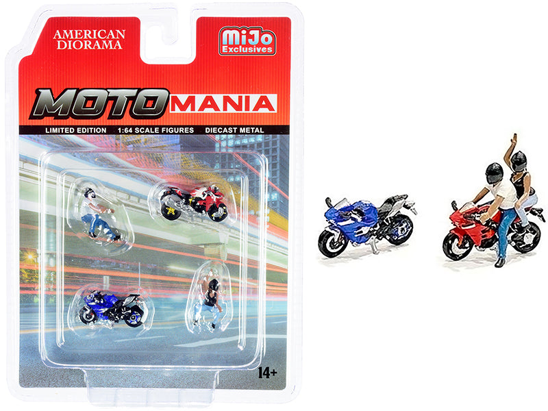 Motomania 4 piece Diecast Set 2 Figurines 2 Motorcycles for 1/64 Scale Models A