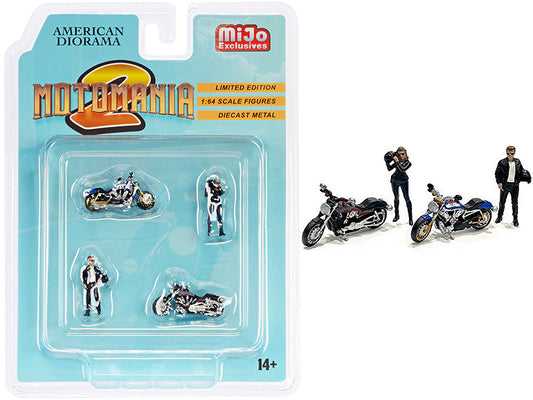 Motomania 2 4 piece Diecast Set 2 Figurines 2 Motorcycles for 1/64 Scale Models