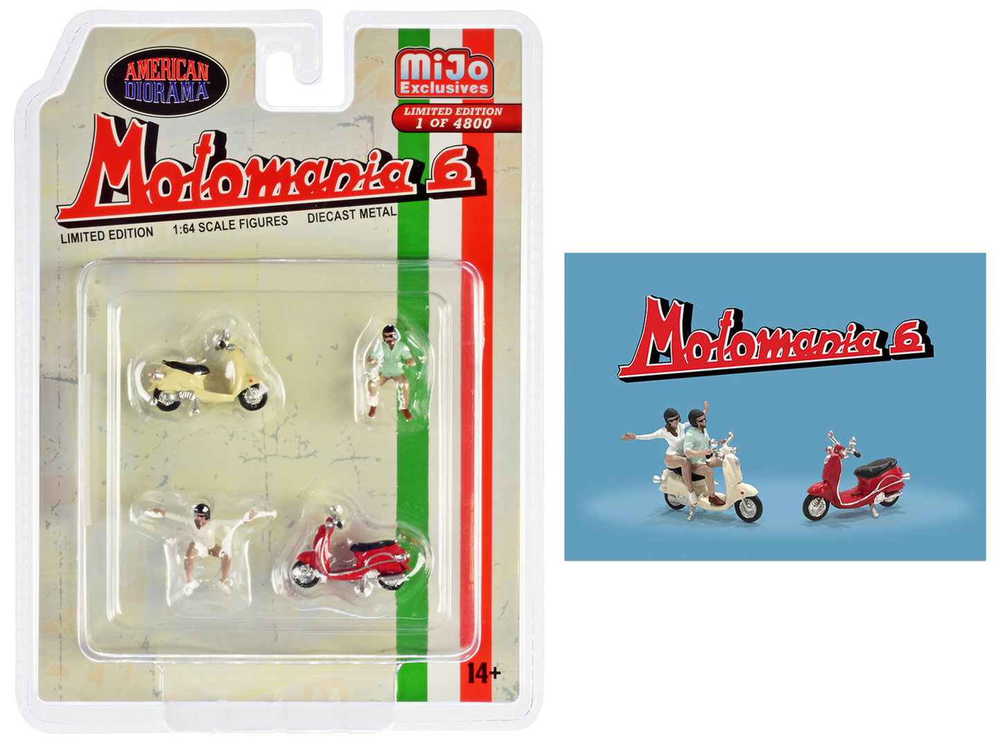 Motomania 6 4 piece Diecast Figure Set 2 Figures 2 Scooters Limited Edition to