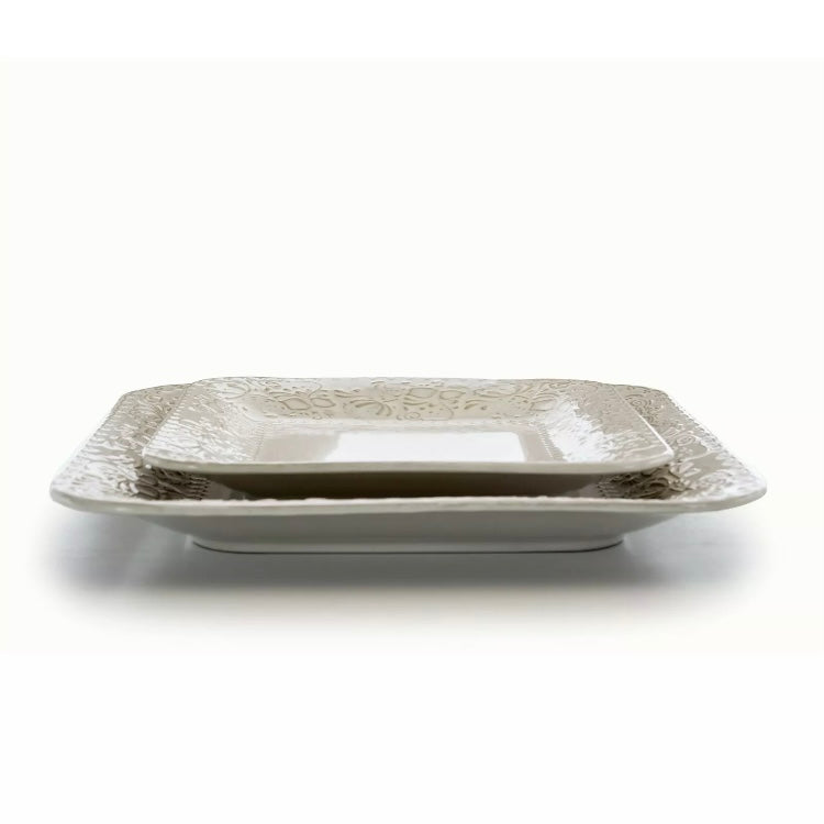 Elama Ivory Lotus 16 Piece Stoneware Embossed Floral Square Dinnerware Set For 4