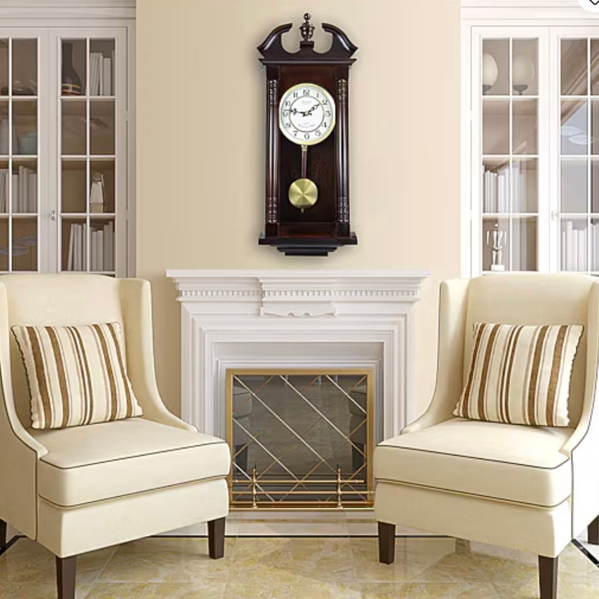 Bedford 27.5" Cherry Oak Wood Traditional Wall Clock w Pendulum & Hourly Chimes