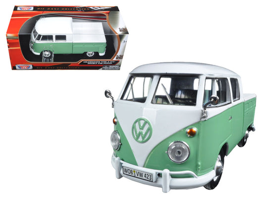 Volkswagen Type 2 T1 Double Cab Pickup Truck White Green 1/24 Diecast Car Motor