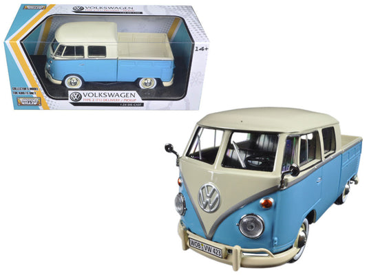 Volkswagen Type 2 T1 Double Cab Pickup Truck Light Blue Cream 1/24 Diecast Car