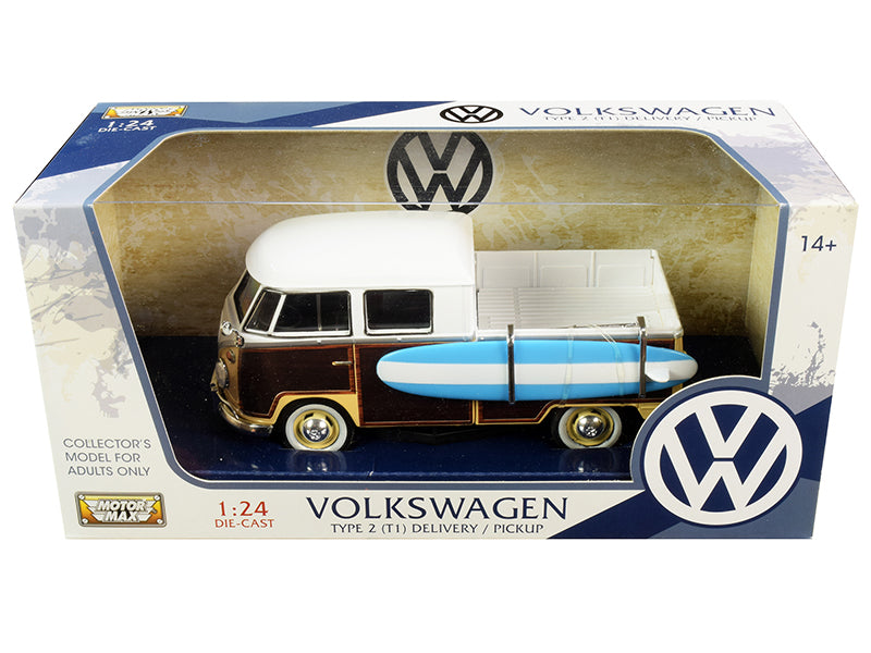 Volkswagen Type 2 T1 Pickup White Yellow w Wood Paneling w Surfboard 1/24 Dieca