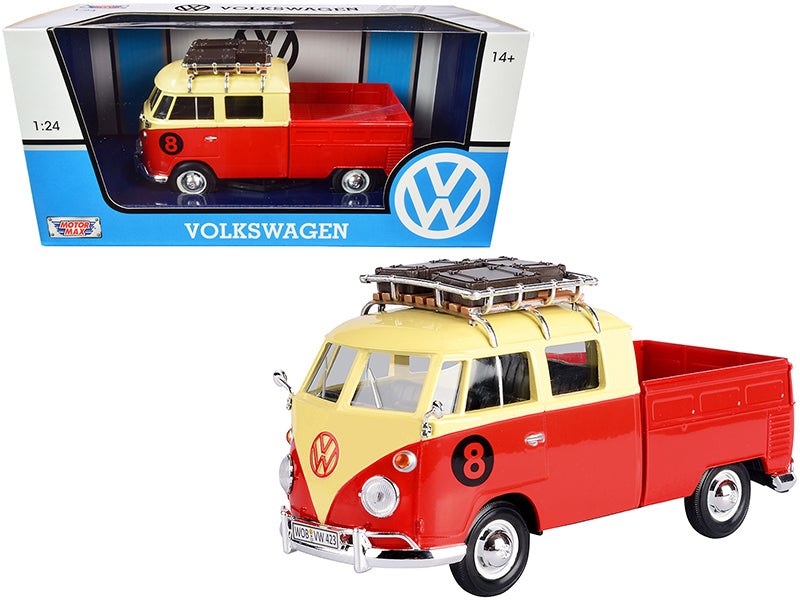 Volkswagen Type 2 T1 #8 Pickup Truck w Roof Rack Luggage Red Yellow 1/24 Diecas