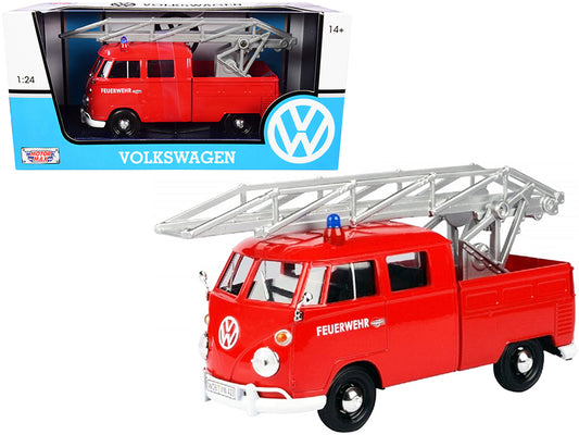 Volkswagen Type 2 T1 Fire Truck w Aerial Ladder Feuerwehr Red 1/24 Diecast Car