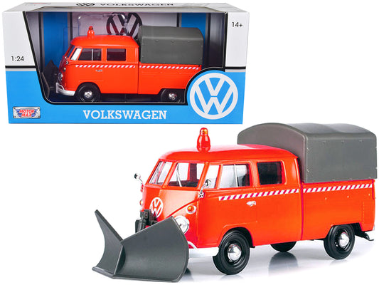 Volkswagen Type 2 T1 Pickup Truck Orange w Snow Plow Camper Shell 1/24 Diecast