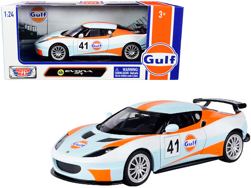 Lotus Evora GT4 #41 Gulf Oil Light Blue w White Orange Stripes 1/24 Diecast Car