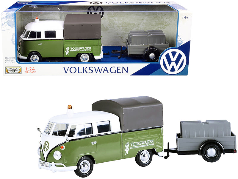 Volkswagen T1 Pickup w Canopy Green White w Trailer Road Service 1/24 Diecast C