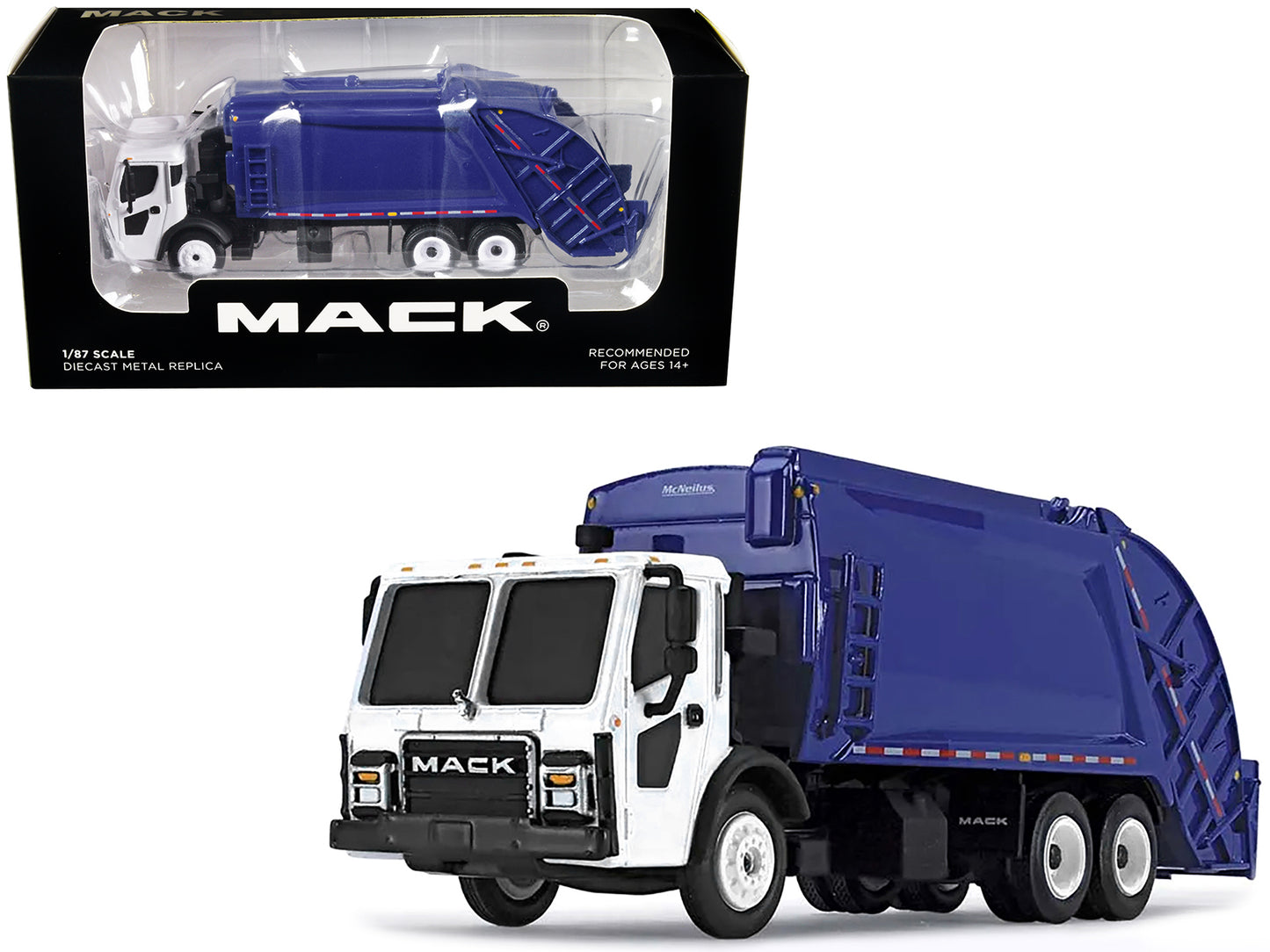 Mack LR w McNeilus Rear Load Refuse Body Blue White 1/87 HO Diecast Model First