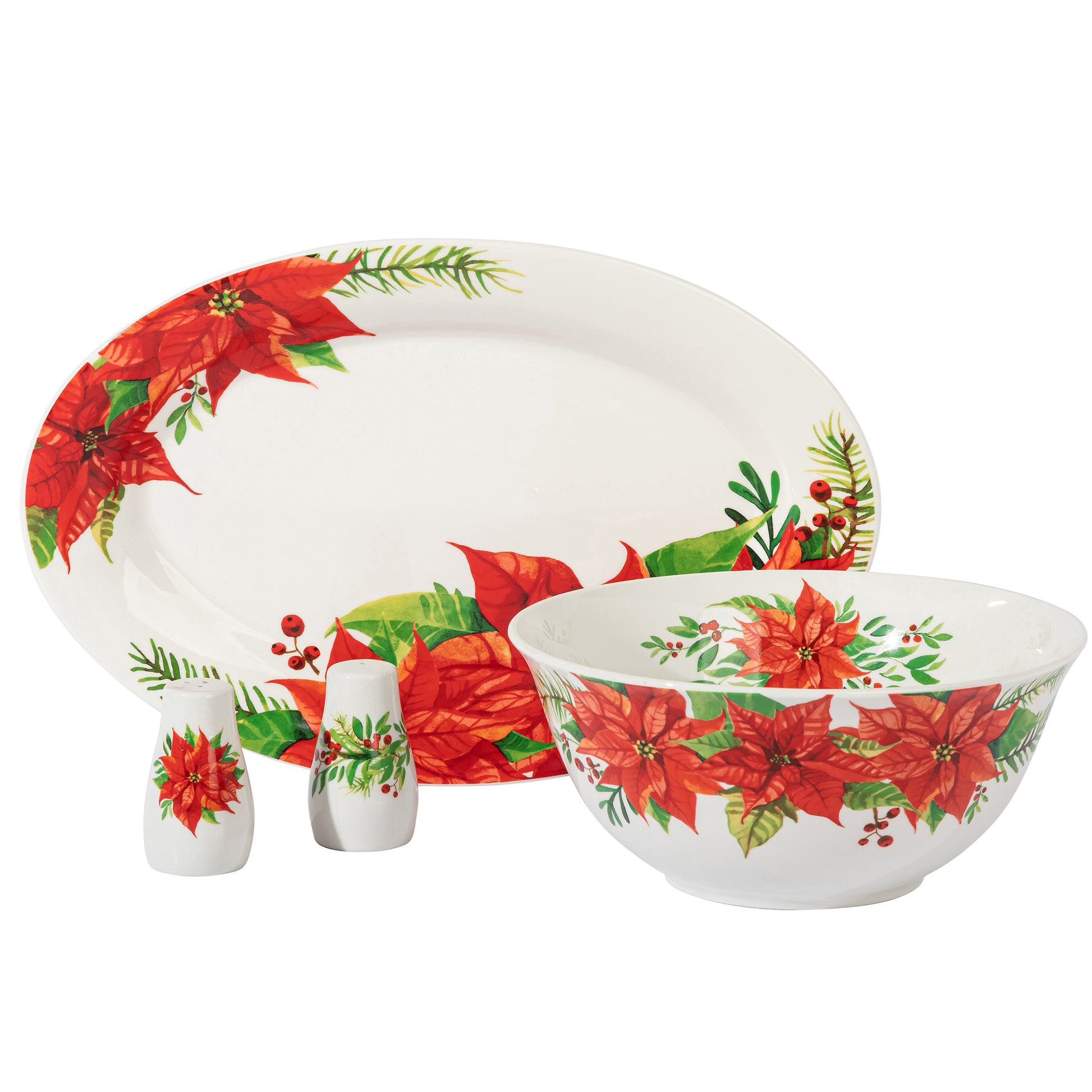 Gibson Home 4 Piece Ceramic Serving Set in White w Poinsettia Decorations