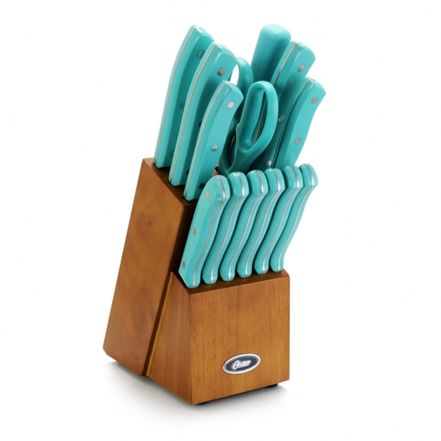 Oster Evansville 14 Piece Stainless Steel Blade Cutlery Set w Turquoise Plastic