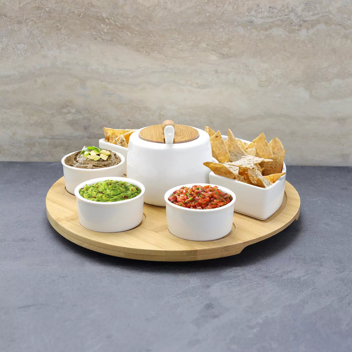 Elama 8 pc Appetizer Set w 4 Dishes Center Condiment Server Spoon & Bamboo Tray