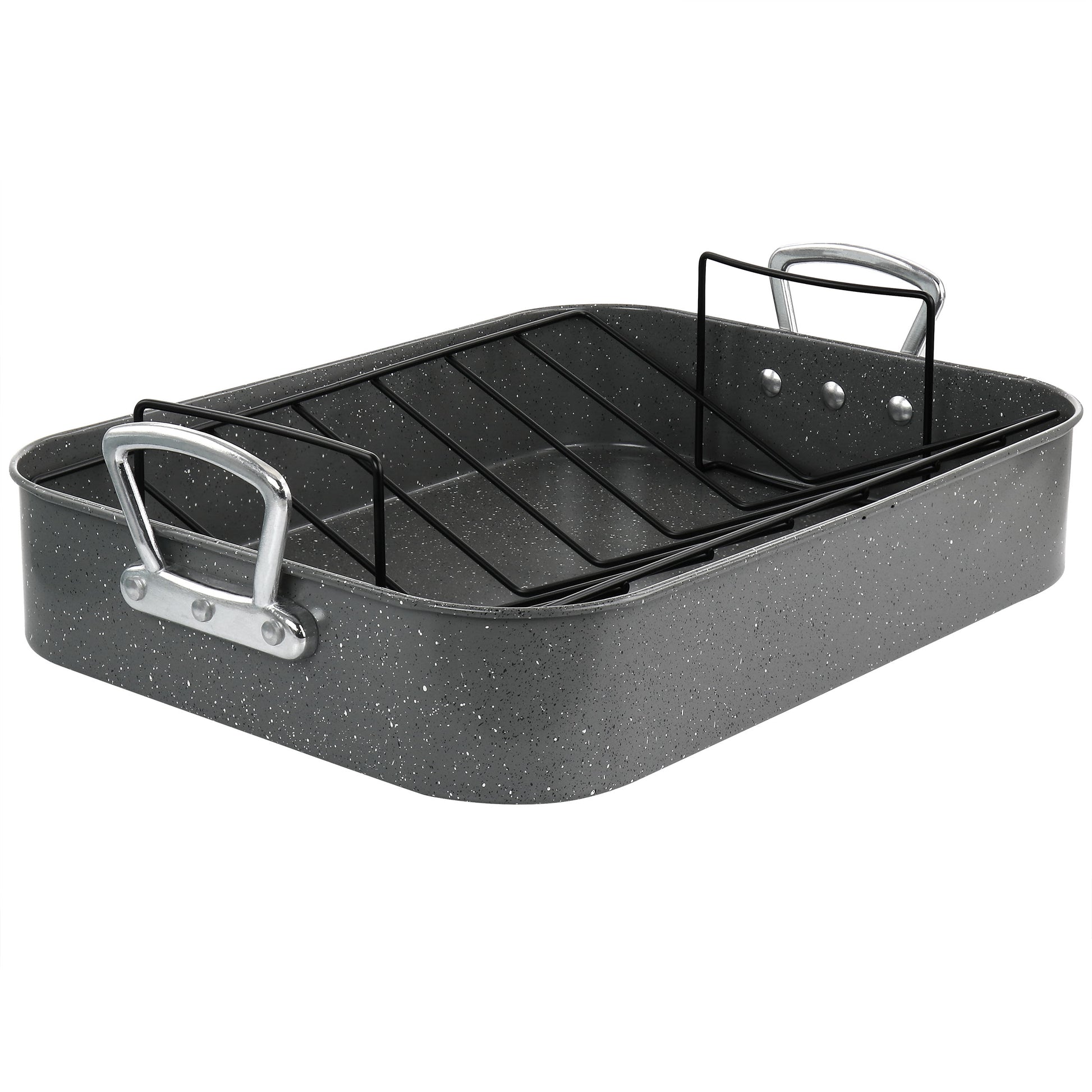 Gibson Greystone 2 Piece Carbon Steel 16.25". Turkey Roaster Set in Speckled Gr