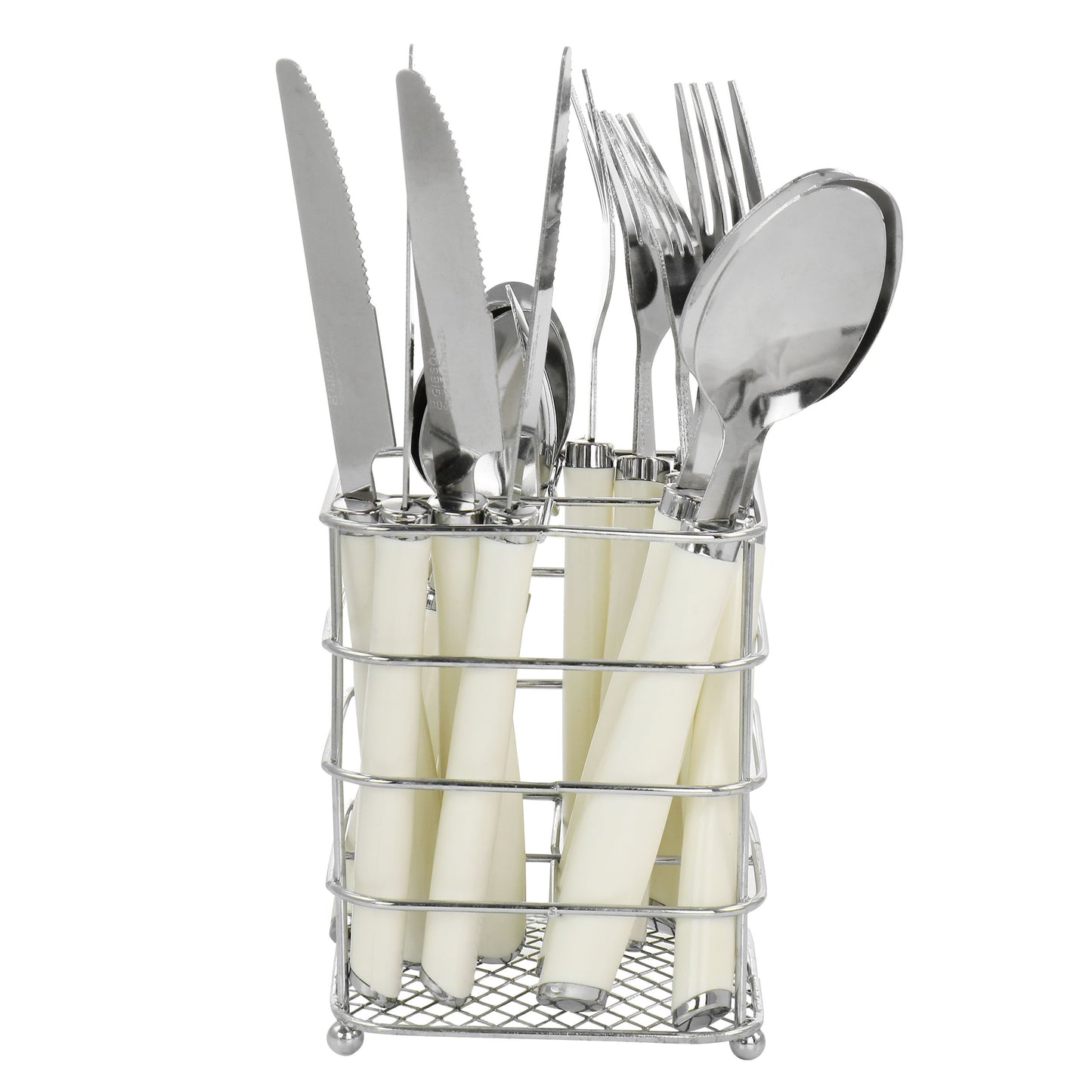 Gibson Everyday Fairfield 16 Piece Flatware Set w Wire Caddy in Egg Shell