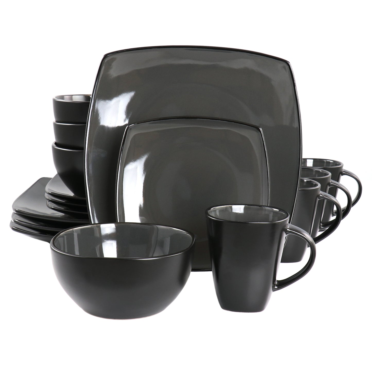 Gibson Home Soho Lounge 16 Piece Square Stoneware Dinnerware Set in Grey