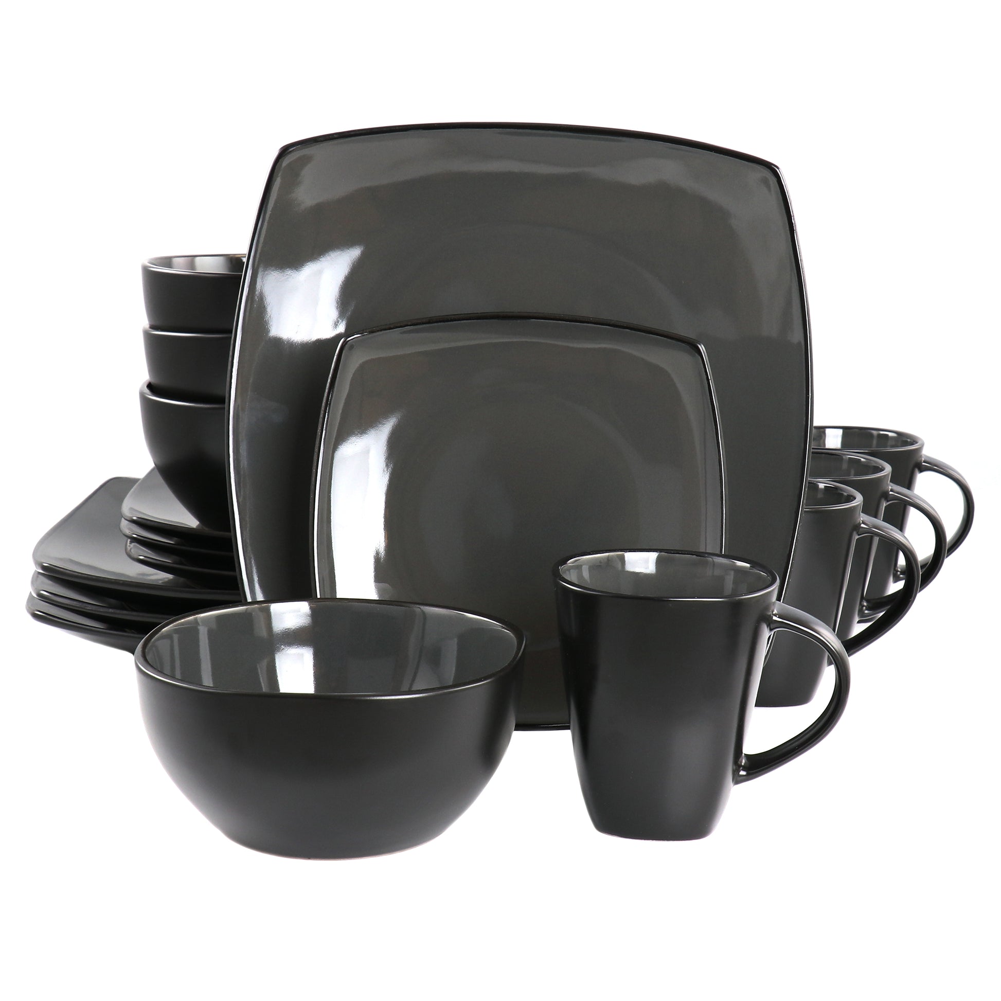 Gibson Home Soho Lounge 16 Piece Square Stoneware Dinnerware Set in Grey
