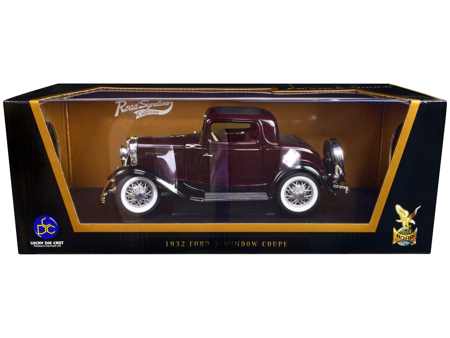 1932 Ford 3-Window Coupe Burgundy w Black Top 1/18 Diecast Car Road Signature