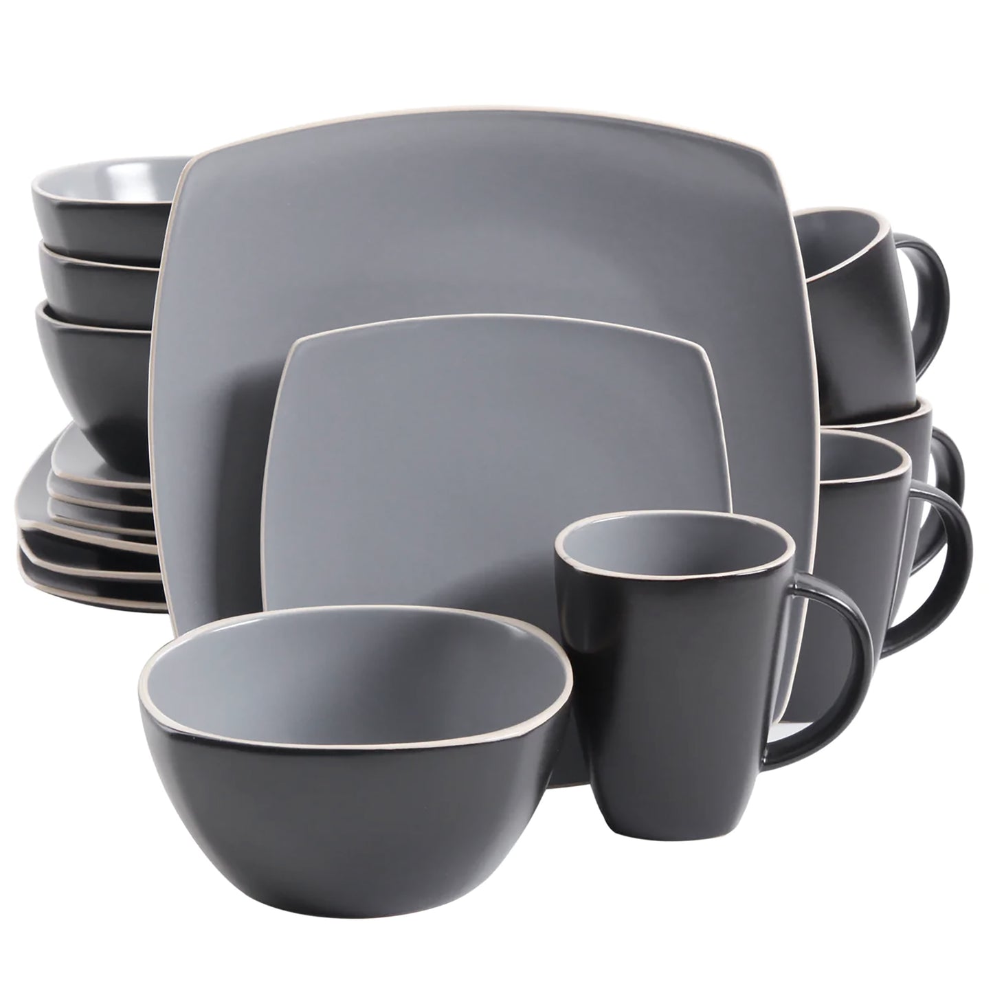 Gibson Home Soho Lounge 16 Piece Soft Square Stoneware Dinnerware Set in Grey M
