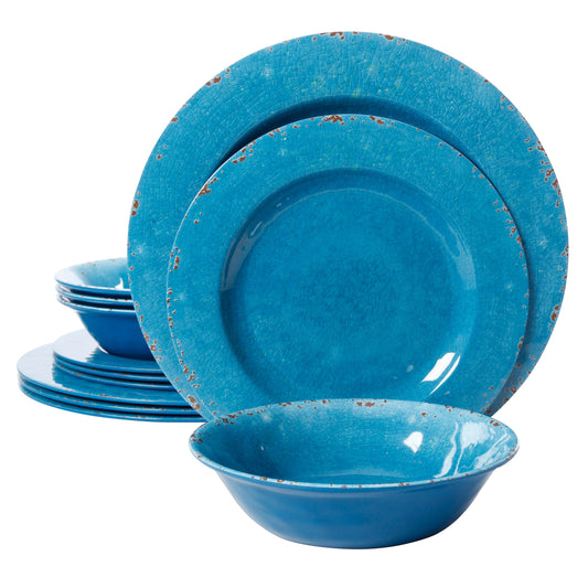 Studio California Mauna 12 Piece Melamine Dinnerware Set in Blue Crackle Look D