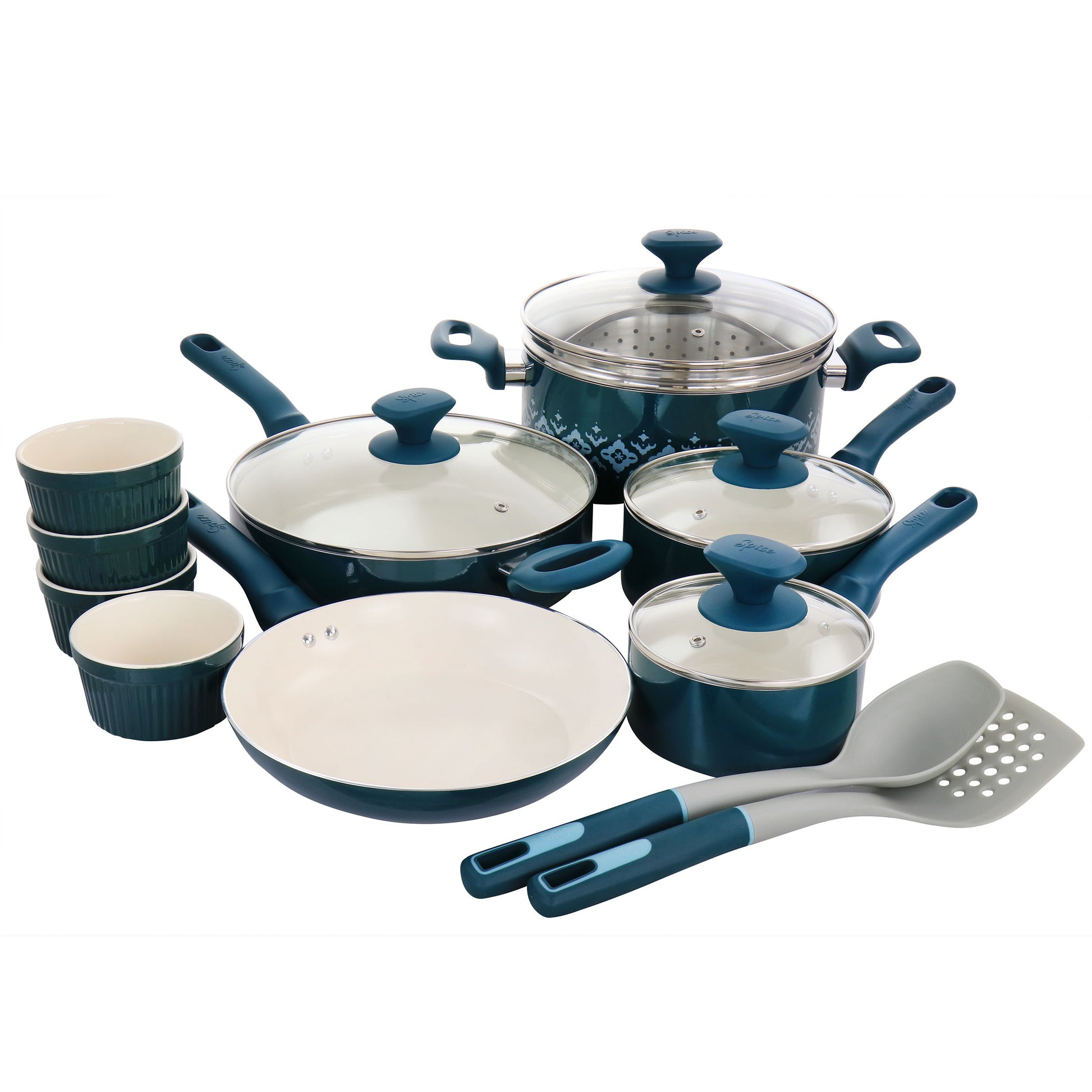 Spice by Tia Mowry Savory Saffron 16 Piece Ceramic Nonstick Cookware Set in Tea