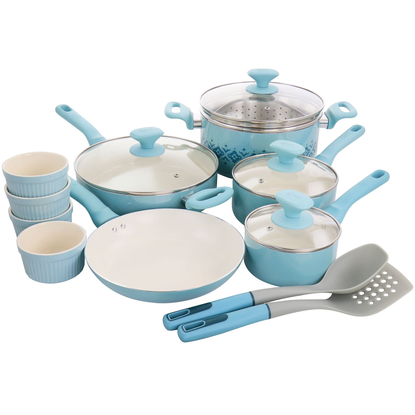Spice by Tia Mowry Savory Saffron 16 Piece Ceramic Nonstick Cookware Set in Blu