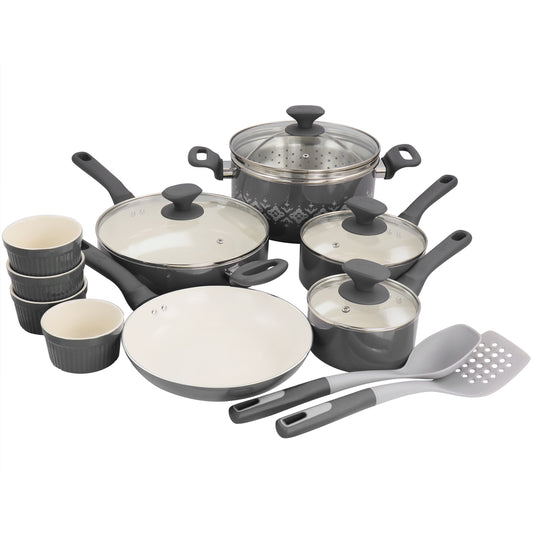 Spice by Tia Mowry Savory Saffron 16 Piece Ceramic Nonstick Cookware Set in Gre