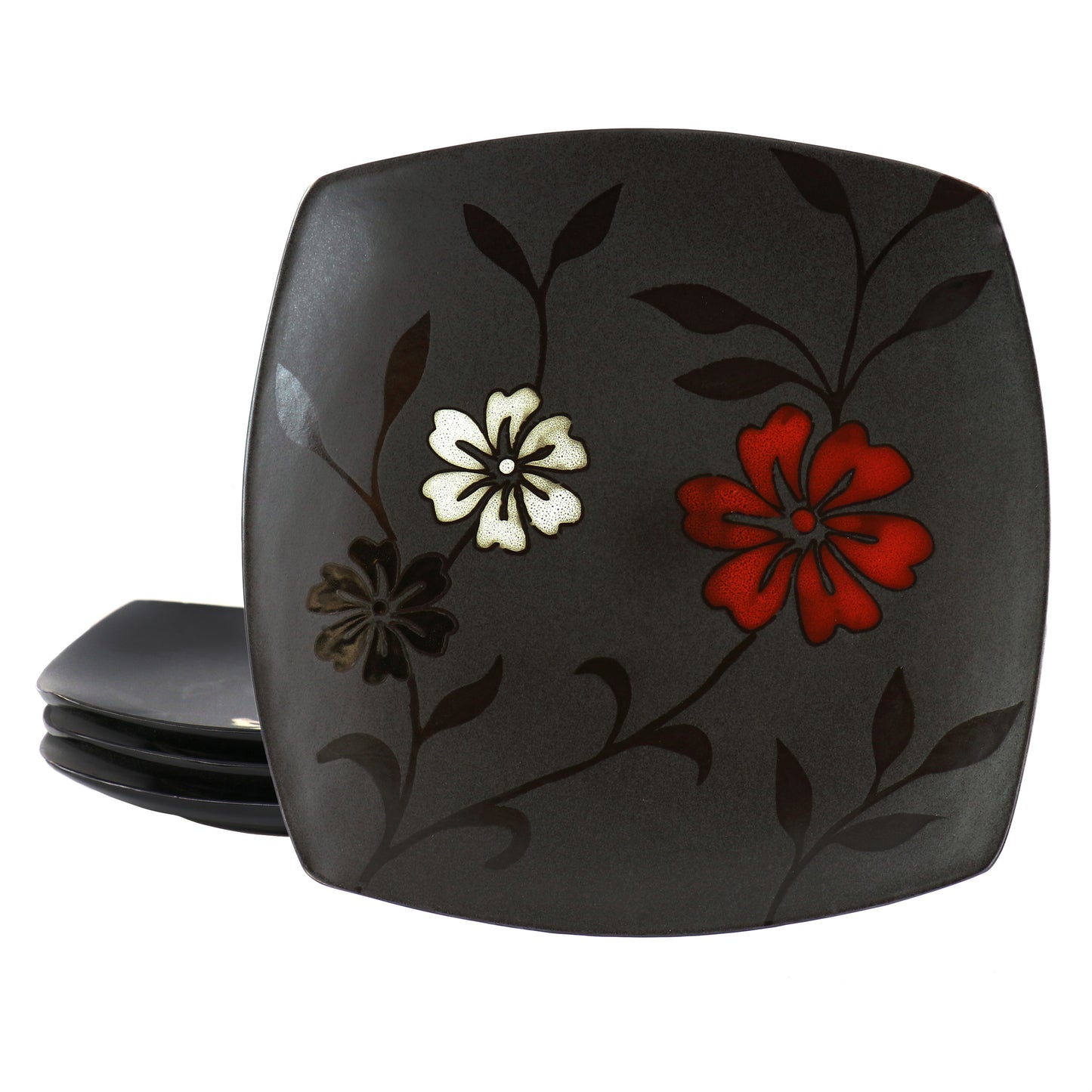 Hometrends Evening Blossom 4 Piece 10.25" Square Stoneware Dinner Plate Set Blac