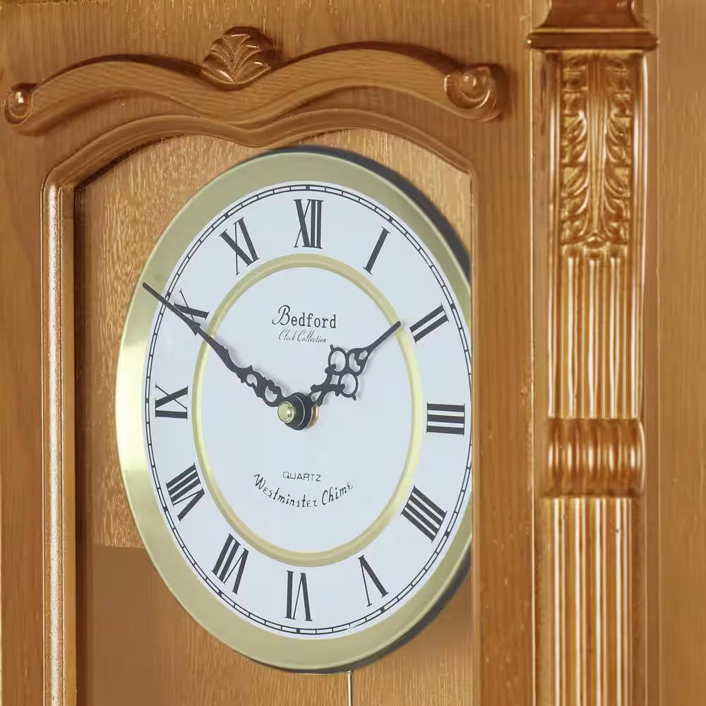 Bedford 26” Golden Oak Wood Finish Wall Clock w Swinging Pendulum & 4 Chimes