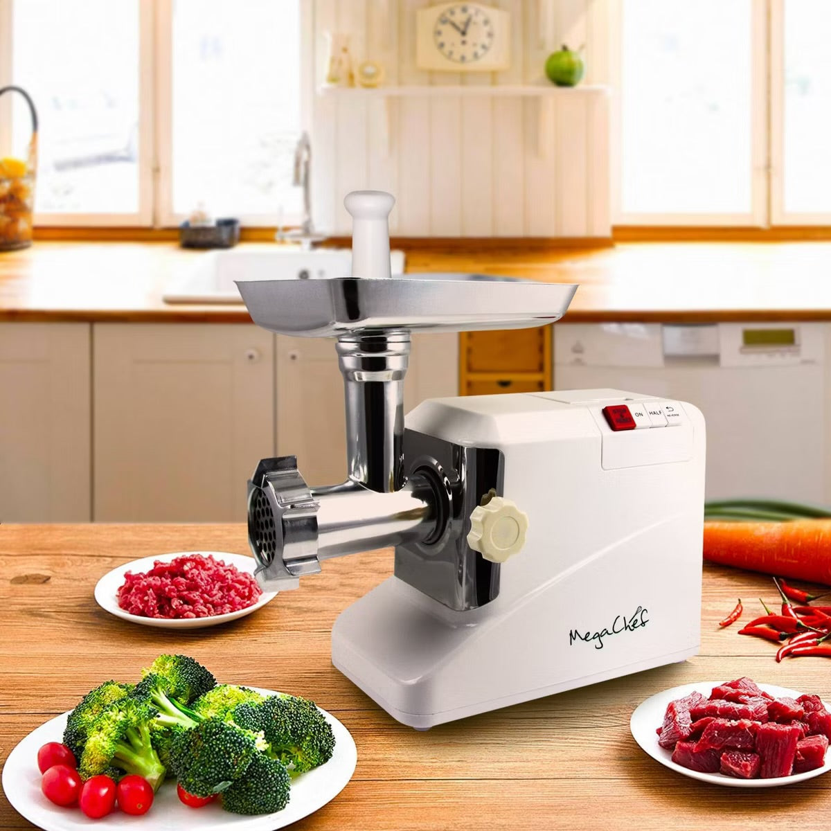 MegaChef 1800W Automatic Meat Grinder w 3 Blades for Household Use