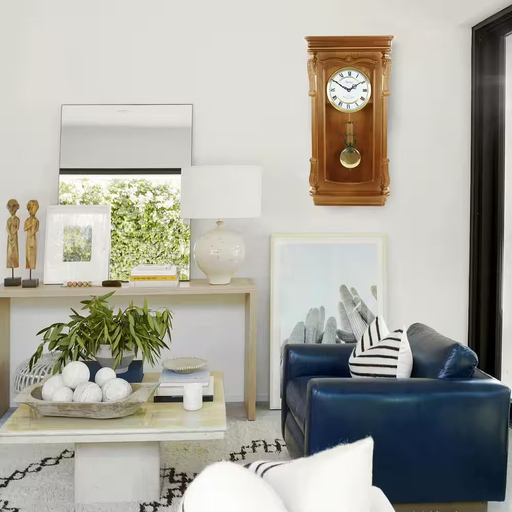 Bedford 26” Golden Oak Wood Finish Wall Clock w Swinging Pendulum & 4 Chimes