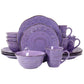 Elama Rustic Birch 16 Piece Round Embossed Stoneware Dinnerware Set in Purple