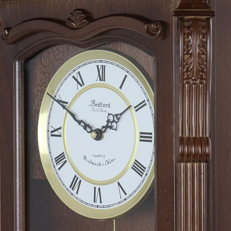 Bedford 26” Chestnut Wood Finish Wall Clock w Swinging Pendulum & 4 Chimes