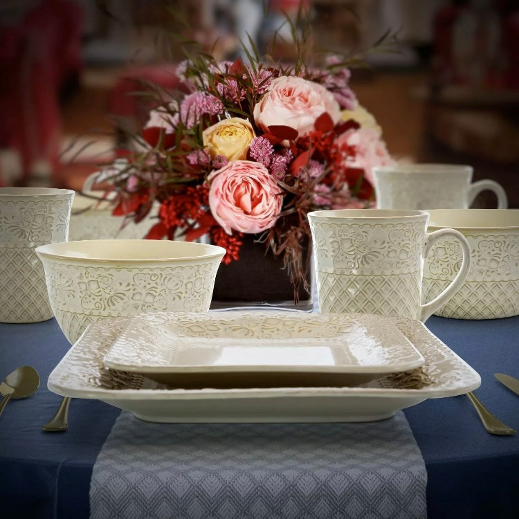 Elama Ivory Lotus 16 Piece Stoneware Embossed Floral Square Dinnerware Set For 4